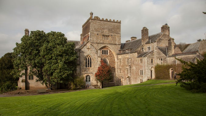 View of Buckland Abbey with a green lawn in front and trees, with one tree turning red and brown in autumn, Devon